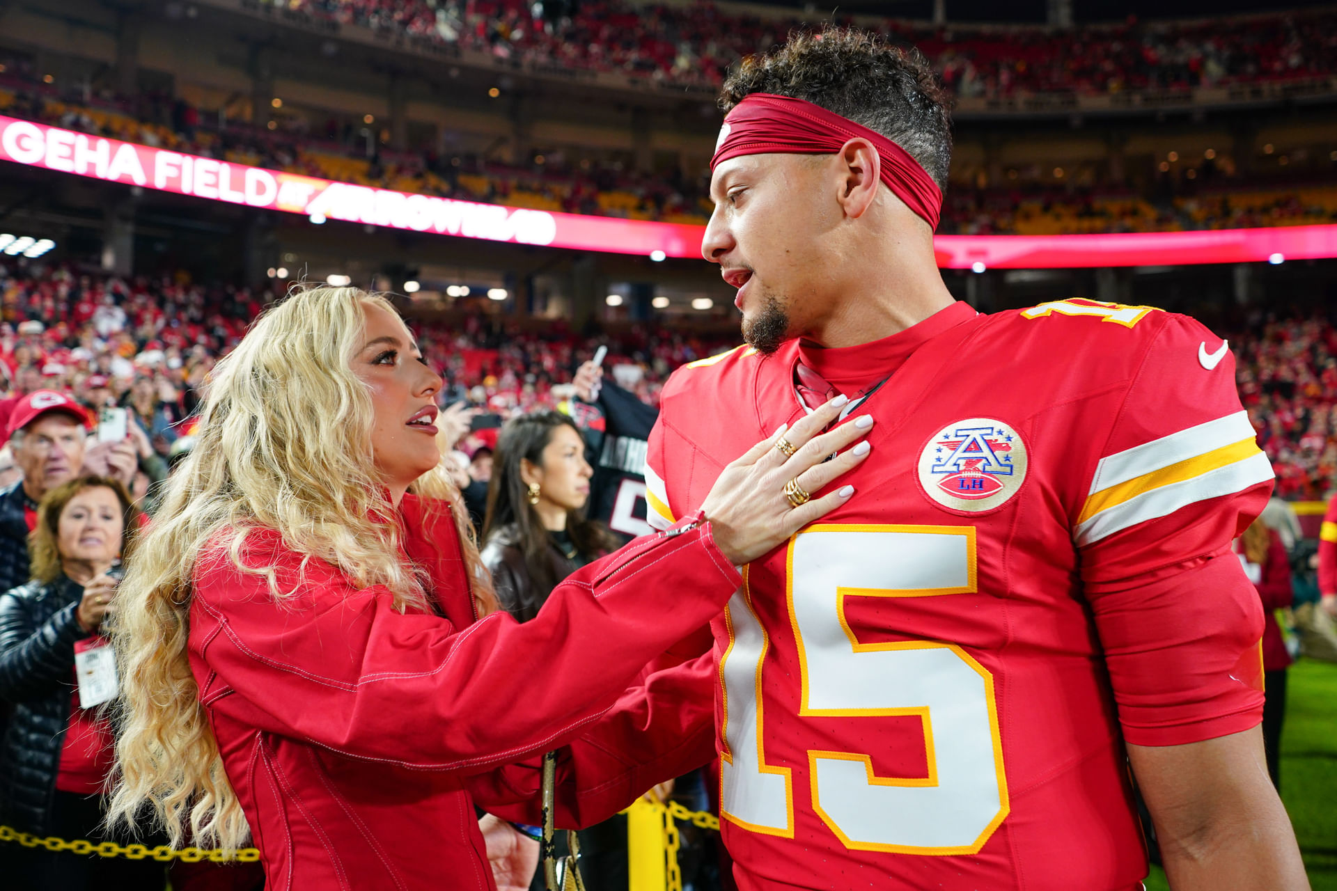 Brittany Mahomes turns heads in moto jacket as Patrick Mahomes returns to alma mater for College Gameday